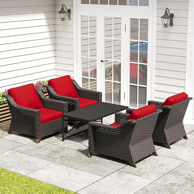 5 Pieces Outdoor Conversation Furniture Set - 4 PE Rattan Armchairs, 1 Metal Coffee Table - Photo 1