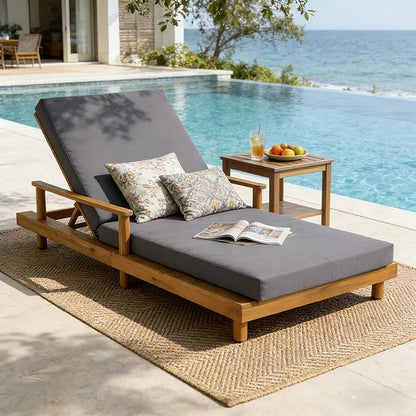 Merax Acacia Wood Outdoor Chaise Lounge Chair Set of 2, 3-Position Adjustable Back & 4" Thick Removable Dark-Grey Cushion, 400lbs Capacity, Modern Large Patio Sun Lounger for Patio Garden Pool