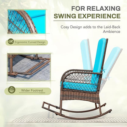 Greesum 3 Piece Outdoor Wicker Rocking Chairs Patio Furniture Set with Glass Coffee Table for Garden Backyard Porch Poolside, Blue