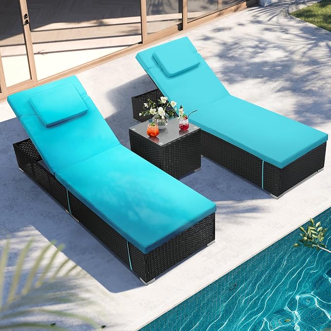 Outdoor Chaise Lounge Chairs, All-Weather Wicker Pool Lounge Chair Set of 2 with Side Table, Adjustable Backrest & Washable Cushions for Patio, Poolside, Beach, Light Blue