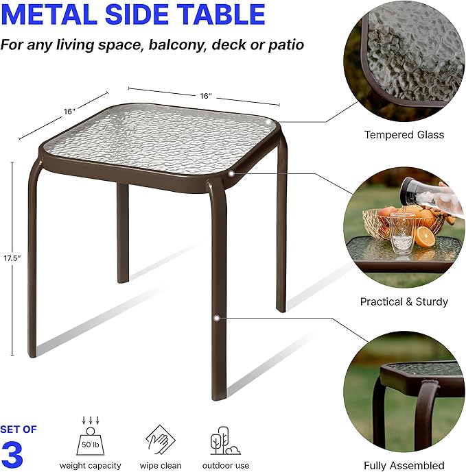 Bronze Metal Outdoor Side Table with Tempered Glass Top Set of 3 – Elegant Small 16" Square Patio Table – Durable Weather-Resistant Coffee Bistro Accent End Table for Outside and Garden