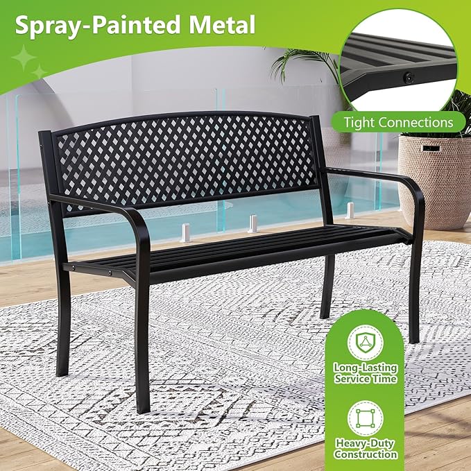 Tangkula Metal Outdoor Park Bench, 50 Inches Garden Bench with Patterned Backrest and Curved Armrests, 2-3-Person Patio Bench, Outside Heavy-Duty Metal Loveseat Chair for Porch, Lawn, Yard & Park