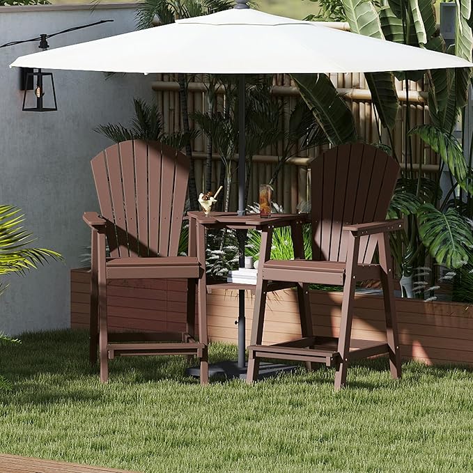 FOOWIN Tall Adirondack Chair Set of 2, All Weather HDPE Bar Height Adirondack Chair with Double Connecting Trays, Adirondack Barstools for Balcony, Deck, Backyard, Patio, Garden Brown