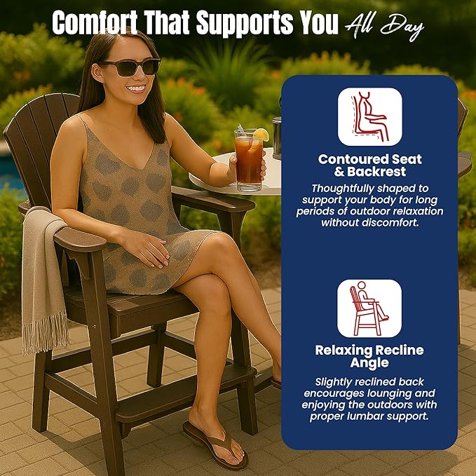 Phat Tommy Tall Adirondack Chair - HDPE Outdoor Furniture - Poly Adirondack Bar Stool - Heavy, Stress Free Furniture for Balcony, Deck, Patio, Front Porch, Brown