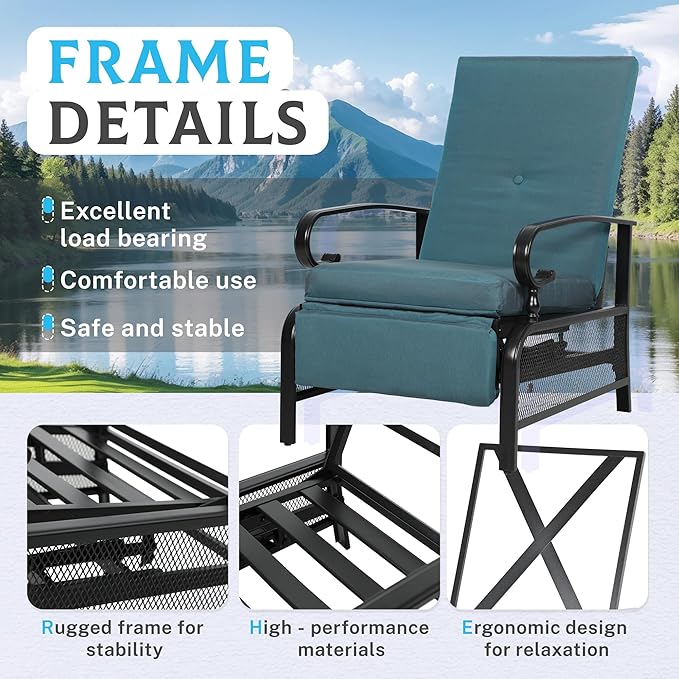 Incbruce Outdoor Lounge Chair Patio Furniture Adjustable Recliner with Retractable Steel Frame and Removable Thick Cushions - Peacock Blue