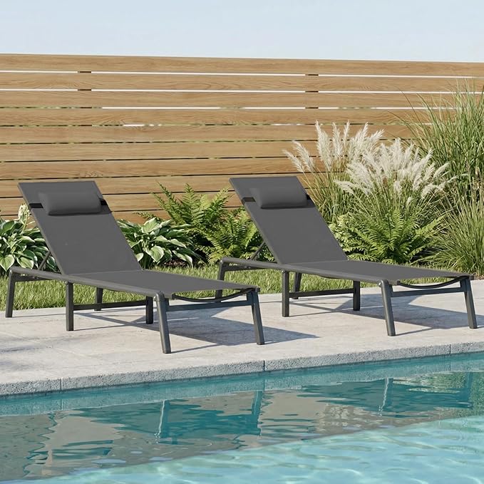 ONBRILL 2 PCS Chaise Lounge Chair Outdoor, Foldable & Assembly Free Outdoor Lounge Chair with 5 Position Adjustable Backrest, Aluminum Pool Lounge Chairs for Outside Poolside Patio Beach Lawn, Grey