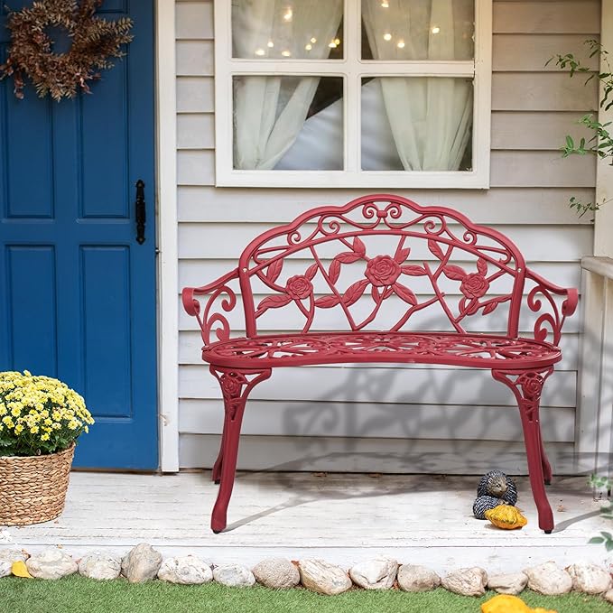 Bonnlo 38.5" Patio Outdoor Bench, Cast Anti-Rust Iron Aluminum Garden Bench with Rose Patten Finish Chair, Entryway Bench 2 Person Seat for Patio, Lawn, Backyard