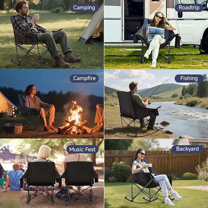 Oversized Folding Rocking Camping Chair, Padded Portable Rocking Chair with Pockets, Cup Holder and Carry Bag, Heavy Duty Outdoor Rocker Patio Chair for Garden, Lawn, Up to 400lbs, Navy Blue