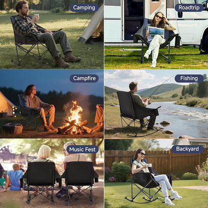 Oversized Folding Rocking Camping Chair, Padded Portable Rocking Chair with Pockets, Cup Holder and Carry Bag, Heavy Duty Outdoor Rocker Patio Chair for Garden, Lawn, Up to 400lbs, Navy Blue