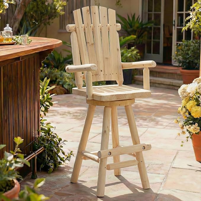 HOMEDIARY Outdoor Solid Wood Swivel Bar Stool, Oversized Rustic Patio Log Bar Height Chair with High Back and Footrest, 29.9" Adirondack Bar Chair for Deck Pub Garden, 500 LBS Capacity, Natural