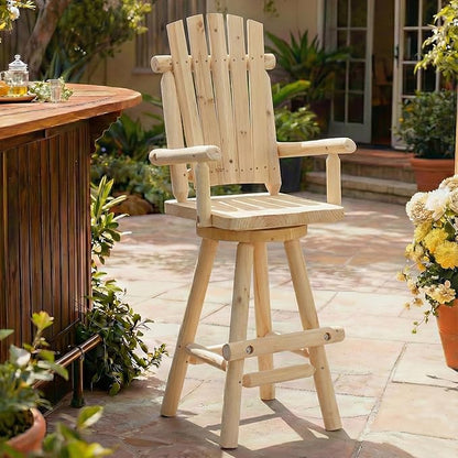 HOMEDIARY Outdoor Solid Wood Swivel Bar Stool, Oversized Rustic Patio Log Bar Height Chair with High Back and Footrest, 29.9" Adirondack Bar Chair for Deck Pub Garden, 500 LBS Capacity, Natural