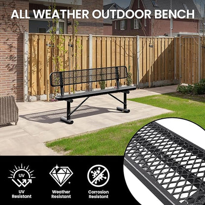 6 Feet Heavy Duty Metal Park Bench for Outside, Outdoor Bench with Backrest & Portable Frame, Commercial Benches for Shopping Malls, Stores, Parks, Patios, Decks, Black
