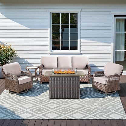 5 Piece Outdoor Patio Furniture Set with Fire Pit Table, Wicker Patio Conversation Set with 2 Swivel Rocker Chairs Rattan Sofa and Removable 5" Thick Cushions for Deck Backyard Beige