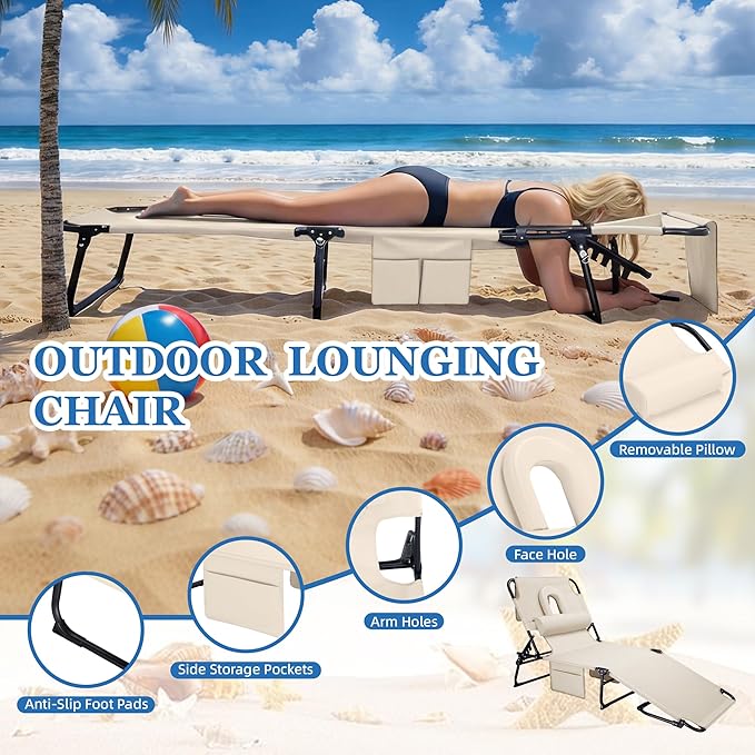 3-in-1 Sun Tanning Chair with Face Holes, Folding Chaise Lounge Chairs, 5-Position Adjustable Lounge Chair Outdoor with 2 Side Pocket & Pillow, for Pool Beach, Patio, Camping, Beige