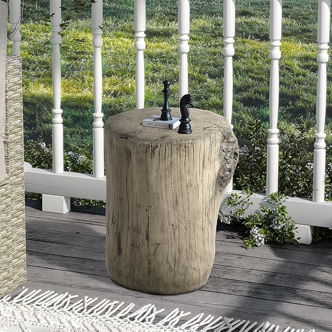 SUNBURY Outdoor Side Table Set of 2, Tree Stump Side Table Grey Colored Faux Wood, End Table Wood Stump Stool, Ottoman or Plant Stand, Deck or Garden