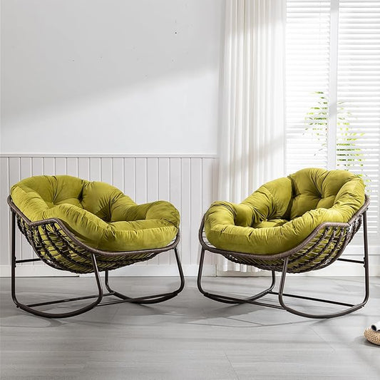 HOMEFUN Outdoor Patio Rocking Chairs Set of 2, Oversized Papasan Rock Chair Indoor with Velvet Padded Cushion - Rocker Egg Seat for Front Porch, Garden, Backyard Olive