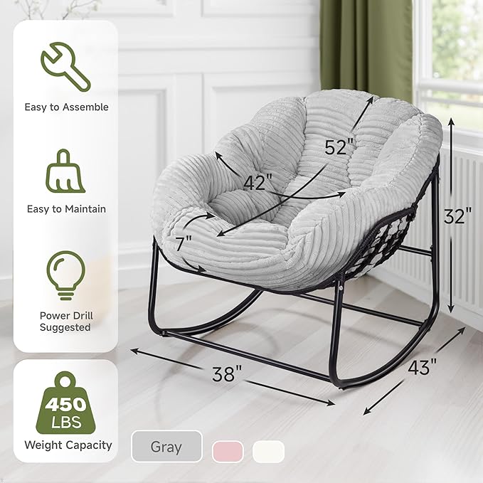 Indoor Rocking Chair, Oversized Outdoor Lounge Chair with Thick Corduroy Cushion & Straps - Photo 2