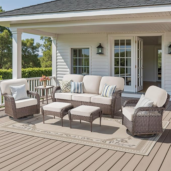 6 Pieces Outdoor Patio Furniture Set, All Weather Wicker Swivel Rocker Patio Chairs Rattan 3 Seater Sofa with Ottomans - Photo 1