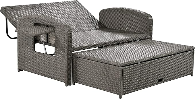 Outdoor Rattan Double Chaise Lounge, 2-Person Reclining Sunbed with 3-Height Adjustable Back - Photo 5