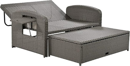 Outdoor Rattan Double Chaise Lounge,2-Person Reclining Sunbed with 3-Height Adjustable Back, Furniture Protection Cover and A Footrest (Gray/Double*F)