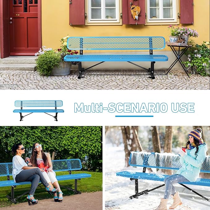 8Ft Outdoor Bench with Blue Portable Frame, Outdoor Steel Park Bench with Backrest, Expanded Metal Mesh Bench for Outside, Lawn, Backyard, Park, Deck, Garden, Patio, Porch, Blue