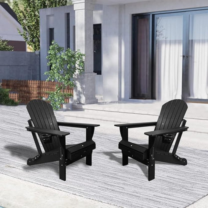 HDPE Folding Adirondack Chair Set of 2 with Cup Holder, 380lbs Modern Adirondack Chair Weather Resistant, Outdoor Patio Chair for Fire Pit, Garden,Backyard,Porch,Pool,Deck,Black