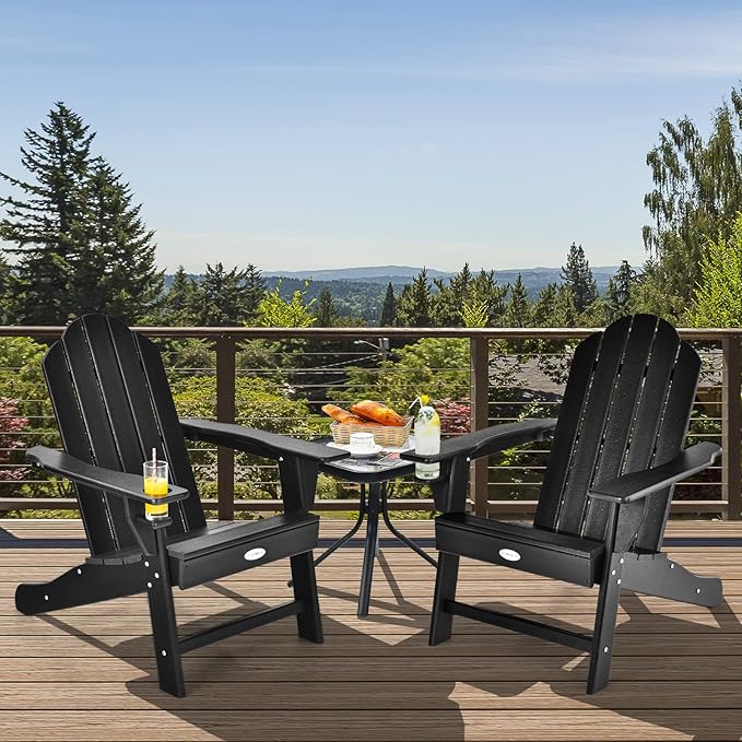 Tangkula Adirondack Chair Outdoor, Fade Resistant HDPE Armchairs with Cup Holder, Weather Resistant Lounger Chairs for Patio Garden Backyard Deck, Lawn Porch Seating, Adirondack Lounger (2, Black)