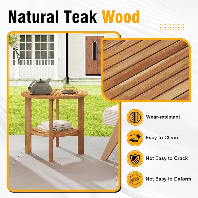 Giantex 19.5" Outdoor Round Side Table, 2-Tier Patio Table with Slatted Tabletop & Open Storage Shelf, Easy Assembly, Teak Wood Small End Table for Porch, Backyard, Garden, Deck, Pool, Natural