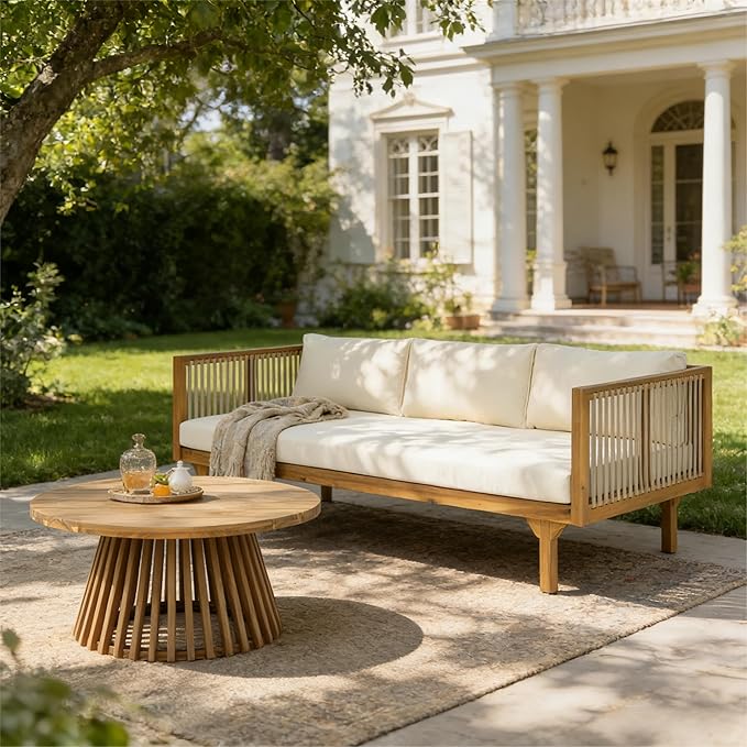 Merax Outdoor Acacia Wood Conversation Set - Patio 3-Seat Loveseat Sofa w/Coushion and Round Coffee Table for Backyard - Photo 4