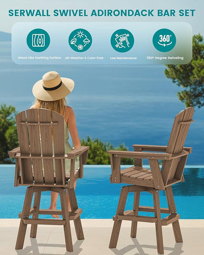SERWALL Swivel Adirondack Barstools Set of 2, HDPE Outdoor Swivel Bar Chairs Set of 2 for Patio, Poolside, Garden, Brown