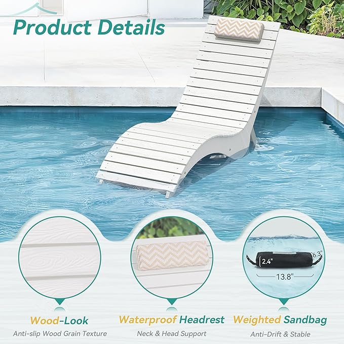 Pool Lounge Chairs Set of 2 - Anti-Floating HDPS Design for Pools & Backyard Sun Decks, Weighted Pool Chairs and Lounges for Poolside or Outside, Includes Headrest, White