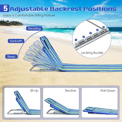 Tangkula 3-Piece Beach Chairs Set for Adults, Lightweight Lawn Lounge Chairs with 5 Adjustable Recline Positions, Zipper Pocket, Backpack 2 Pack with Folding Side Table (Stripe)