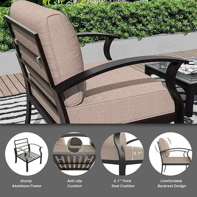 Gotland Aluminum Patio Furniture Set with Rectangular Coffee Table, Metal Patio Furniture with 5 Seats Waterproof 5.1'' Seat Cushions, Outdoor Sectional Patio Conversation Sets for Balcony Khaki