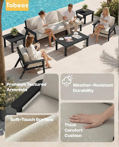 Patio Furniture Set, HDPE Outdoor Sofa Set with Beige Washable Cushions, Patio Conversation Sets for Lawn, Garden, Porch, Balcony & Deck, Durable Outdoor Sectional Furniture (Black Frame)