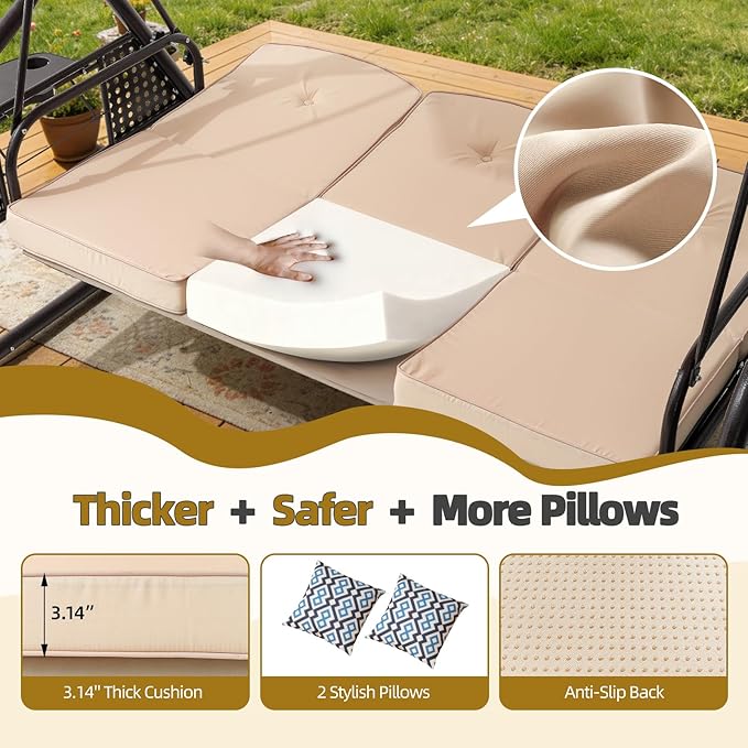3 Seat Outdoor Porch Patio Swing with Adjustable Canopy& Backrest, Outdoor Swing for Adults - Photo 5