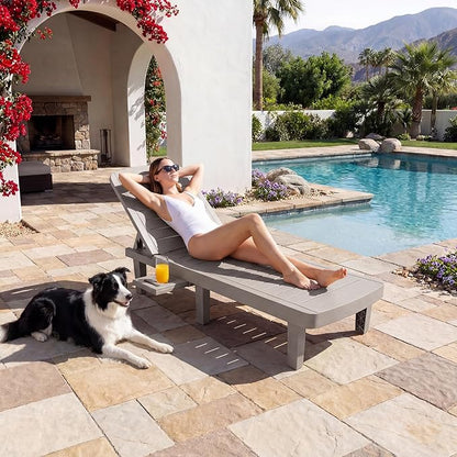Outdoor Chaise Lounge Set of 2, 5-Position Adjustable Sun Lounge w/Pull-Out Tray, Waterproof PP Lounge Chairs for Outside, Lounge Chairs for Poolside, Patio, Beach, Yard in All Weather,Grey