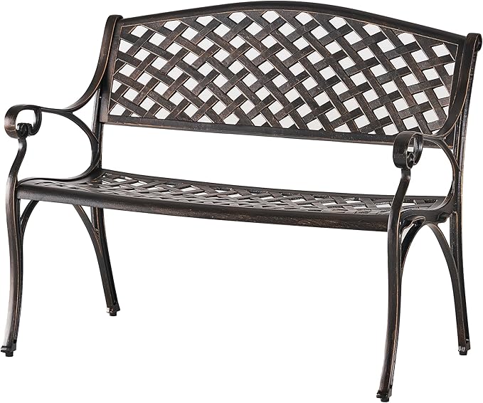 Merax Outdoor Garden Bench 41" Cast Aluminium Bench for 2 Person Seat with Backrest Armrests, Antique Copper Finish Mesh Pattern Patio Bench for Lawn Yard Porch Park Path Deck