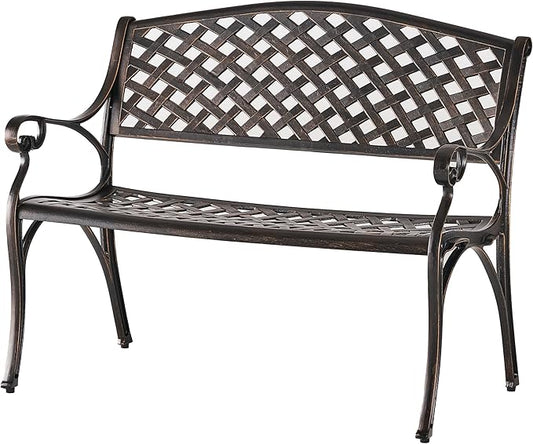 Merax Outdoor Garden Bench 41" Cast Aluminium Bench for 2 Person Seat with Backrest Armrests, Antique Copper Finish Mesh Pattern Patio Bench for Lawn Yard Porch Park Path Deck
