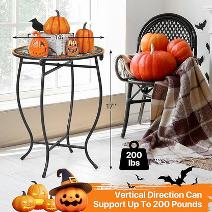 Fashion&cool Patio Side Tables, 14 Inch Weather Resistant Metal Outdoor Side Table for Halloween, Round End Table Side Table for Patio Yard Porch Balcony Garden Bedside, Plant Stand (Orange-Pumpkin)