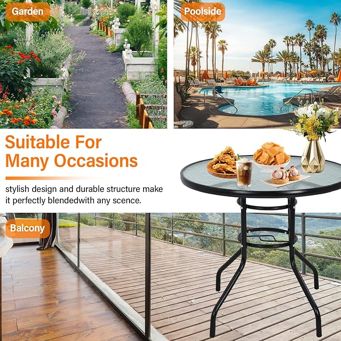 Outdoor Table Patio Table Dining Table with Tempered Glass Umbrella Hole for Lawn Balcony, Yard (Round)
