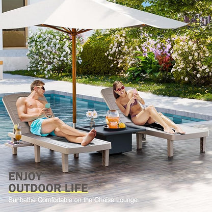 CDCASA Outdoor Chaise Lounge Set of 2, Pool Lounge Chairs w/5 Adjustable Positions & Side Tray, Waterproof Resin Lounges for Poolside,Yard,Garden,Sunbathing, for All Weather, Grey