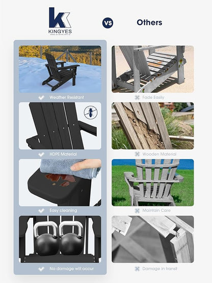 KINGYES Folding Adirondack Chair Set of 4, Dual Cup Holders & All-Weather HDPE, Wood-Like Patio Chair for Backyard, Camping, Pool & Fire Pit, Black