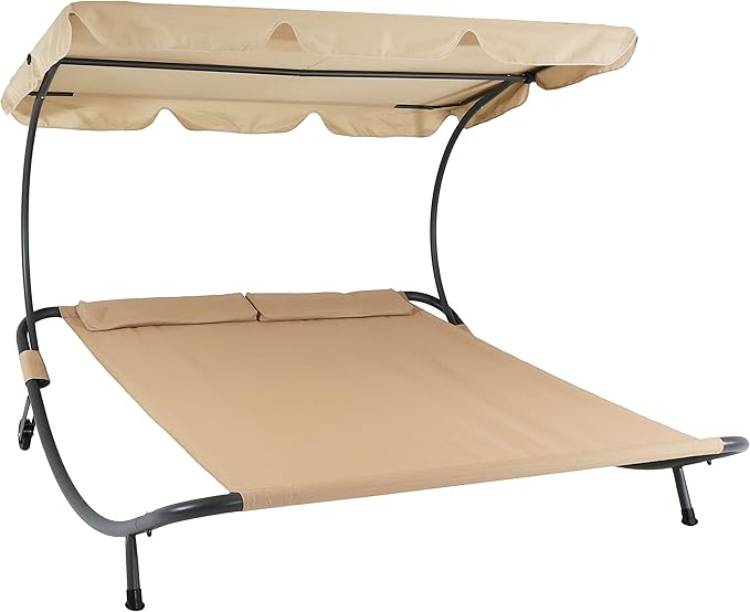 Sunnydaze Outdoor Double Chaise Lounge Bed with Canopy and Headrest Pillow - Beige Fabric with Black Powder-Coated Steel Frame