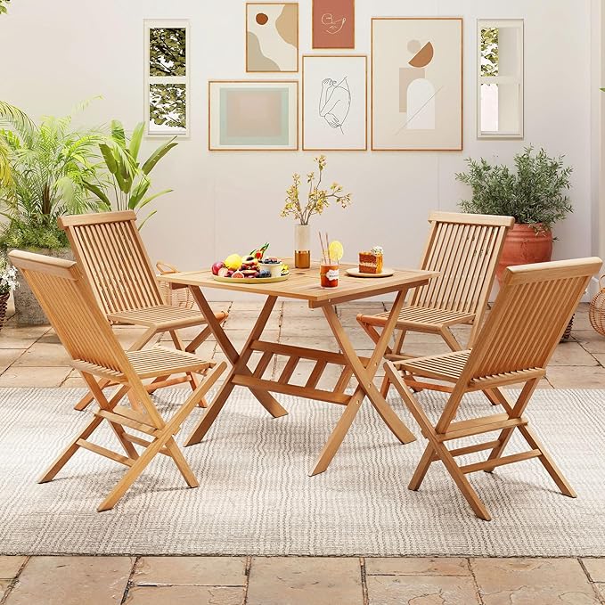 Tangkula 36" Acacia Wood Patio Dining Table, Square Folding Outdoor Bistro Table with Umbrella Hole and X-Shaped Frame - Photo 4