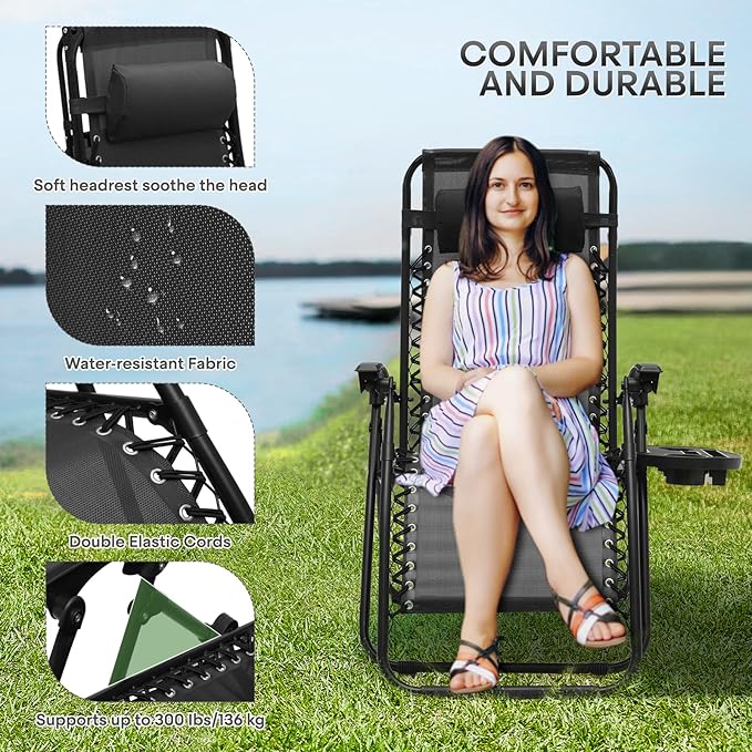 Athena Collection Zero Gravity Chair, Outdoor Lounge Chair with Adjustable Pillow and Cup Holder, Reclining Camping Chair for Outside Beach Lawn Garden Patio Poolside Set of 2 - Black