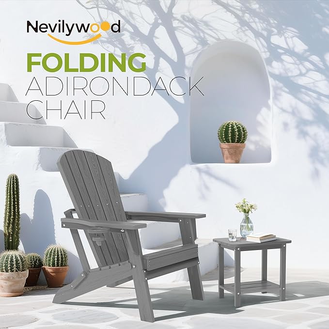 nevilywood HDPE Foldable Fire Pit Chairs Set of 2 with Cup Holders, Durable Faux Wood Look, Perfect for Patio, Backyard & Outdoor Gatherings, Grey