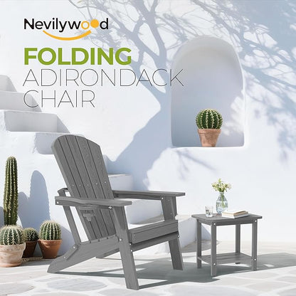 nevilywood Folding Adirondack Chair - Extended Ergonomic Backrest, Cup Holder - Easy Assembly - Durable HDPE Plastic, Weather Resistant & Maintenance-Free - Lawn, Patio, Deck Supports 380lbs,Grey