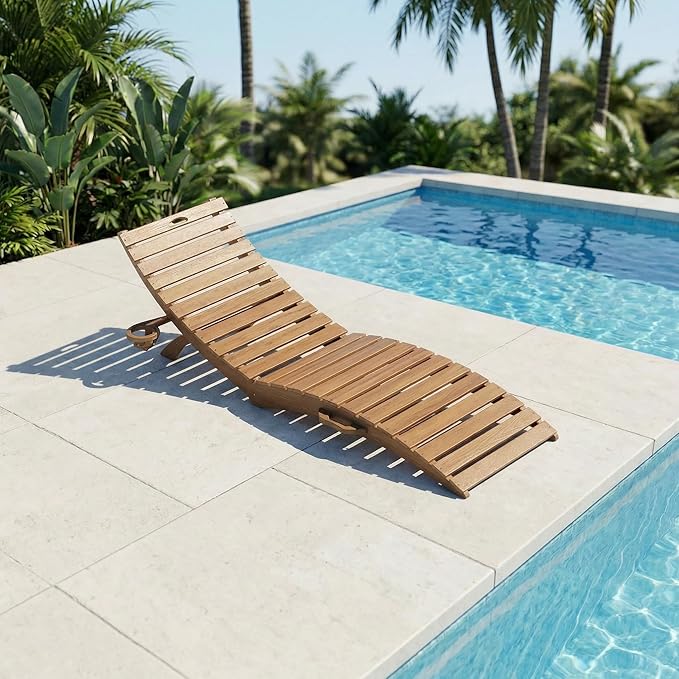 in-Pool Lounge Chairs Set of 2, Folding HDPE Pool Chairs Anti-Floating No Sandbags with Cup Holder & Handles, Outdoor Chaise Lounge for Poolside, Patio & Sun Deck(Teak)