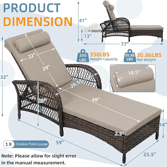 Outdoor Chaise Lounge Chair, PE Wicker Long Recliner Patio Lounge Chair with Cushion - Photo 2