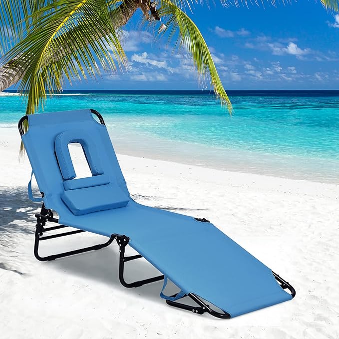 GYMAX Beach Lounge Chair, Sunbathing Chair Patio Lounge Chair Folding Adjustable Recliner with Hole for Face (2)